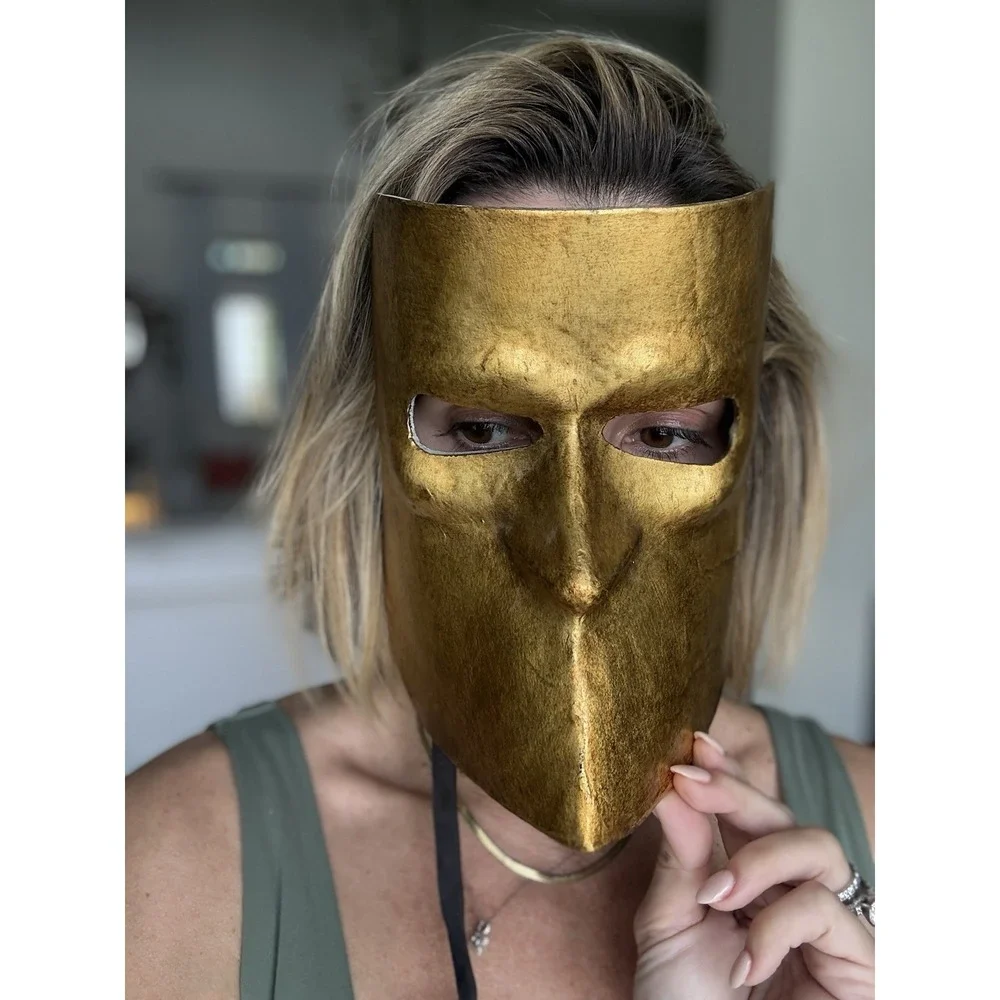 Vintage Fiorentina Gold Venetian Bauta Mask Signed Italy Paper Mache Mardi Gras